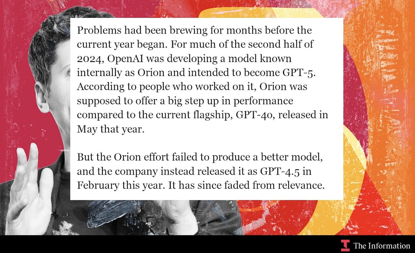 Chubby♨️ on X: "The Information about GPT-4.5/5 and more: the tl;dr GPT-4.5  (“Orion”) Originally developed as Orion and planned as GPT-5. Performance  disappointing: no major leaps forward compared to GPT-4o. Reasons for