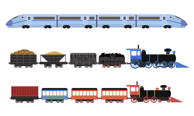 Collection of Railway Locomotives, Passengers Wagons and Speed Trains Stock  Illustration - Illustration of modern, passenger: 79691963