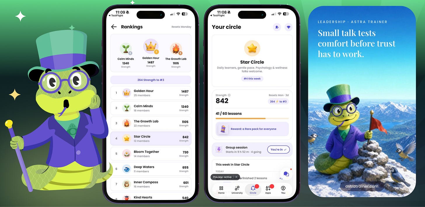 The lizard mascot beside app screens showing rankings and a personal circle page.