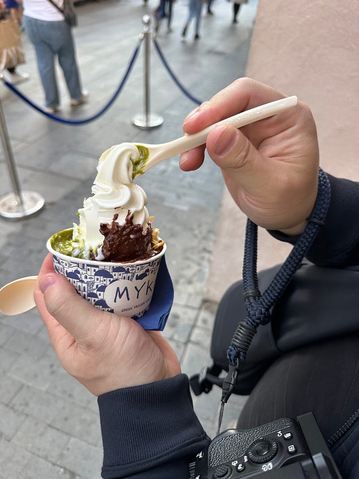froyo at MYKA - best combo: original Greek yogurt base topped with pistachio sauce/spread, chocolate spread, and baklava crumbles