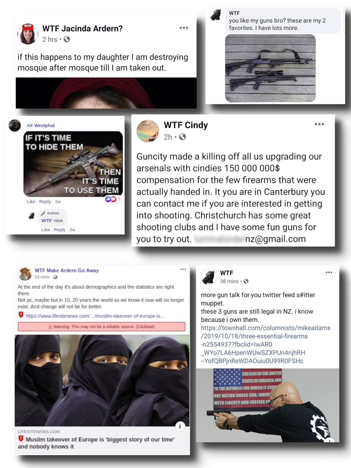 a selection of screenshots from Facebook, many featuring talk and photos of guns