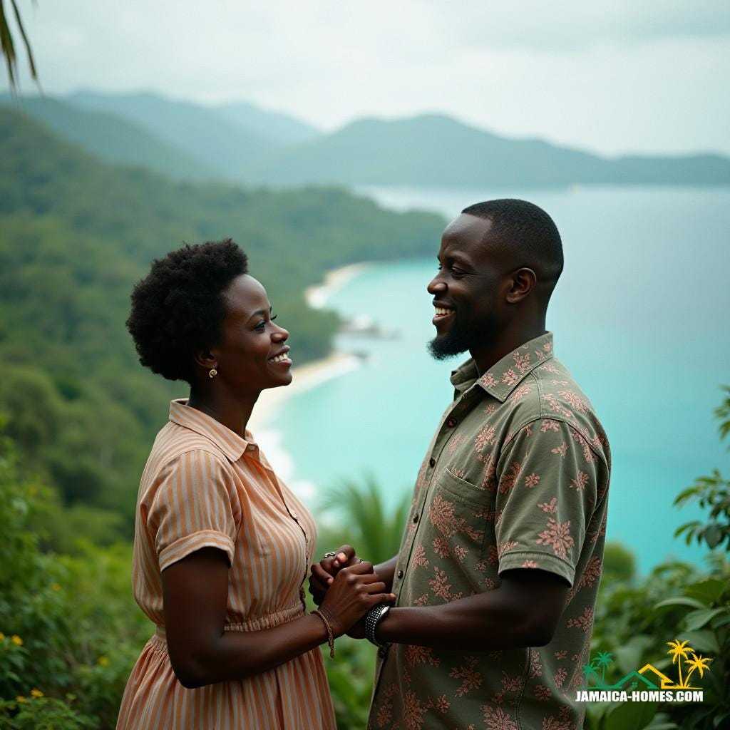 African American middle-aged couple, warmly smiling, standing together, hands clasped, gazing out at the lush Jamaican landscape, a breathtaking Caribbean island backdrop, as they embark on building their dream hotel, the vibrant colors of the tropical foliage and turquoise ocean reflecting their excitement and joy.