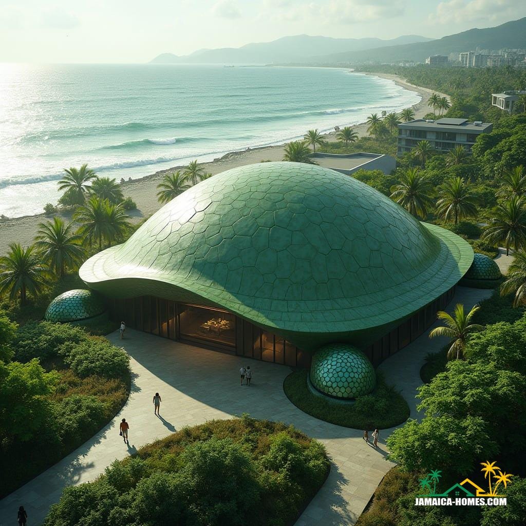 Tortuga Haven is a visionary architectural masterpiece inspired by the majestic form of a tortoise, symbolizing resilience, longevity, and harmony with nature. Situated near the vibrant shoreline of Kingston, Jamaica, this one-of-a-kind home blends organic design with modern innovation.