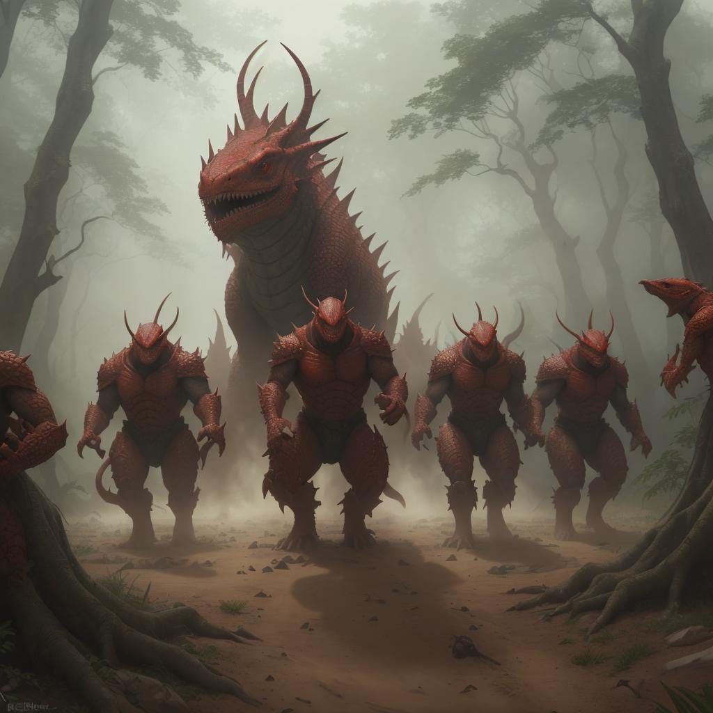In a fantasy forest, an army of armored red lizard-men attacks a convoy of semi-trucks