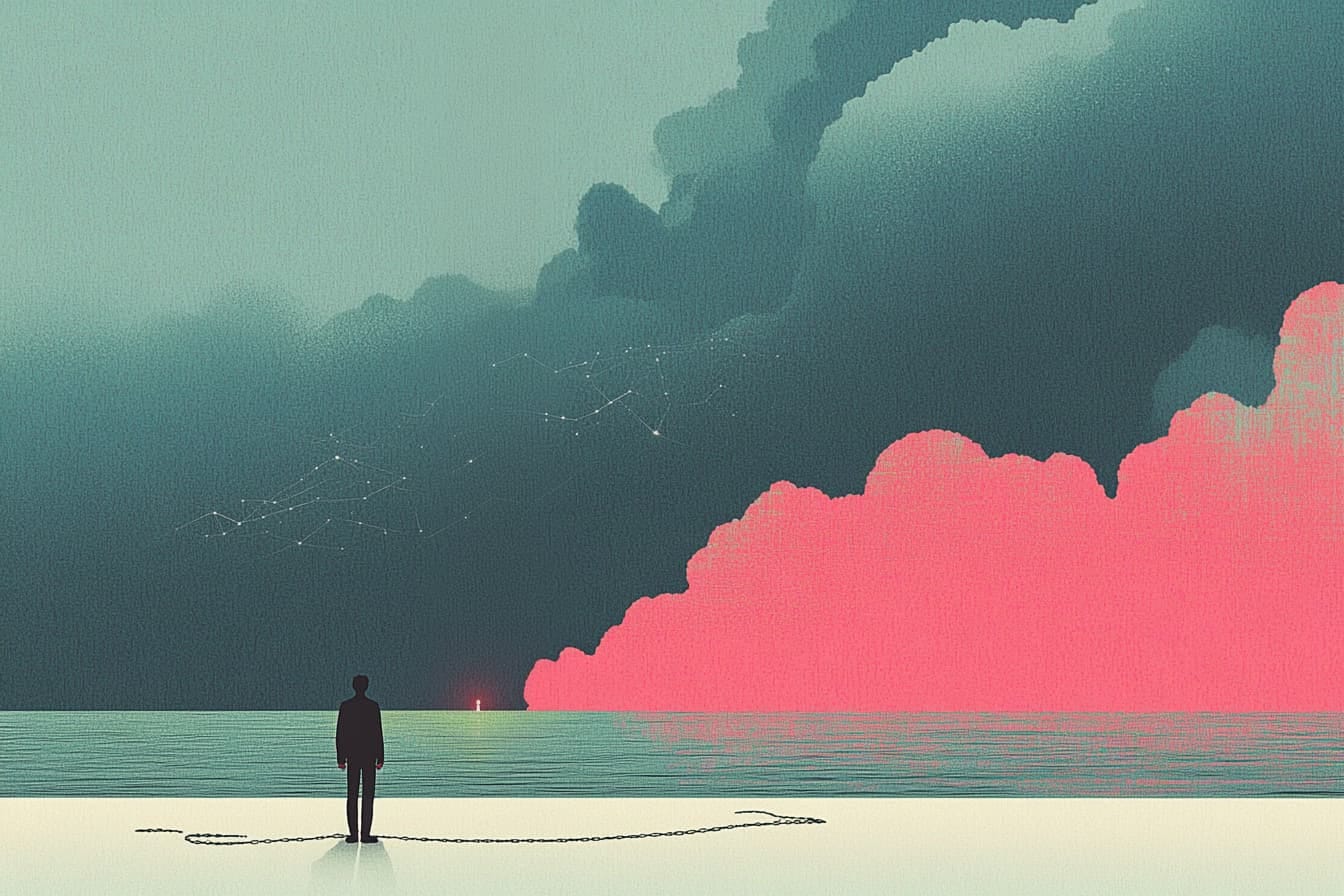 Illustration of a former federal worker staring across an ocean with red and gray clouds in the distance. Chains are at the worker's feet.