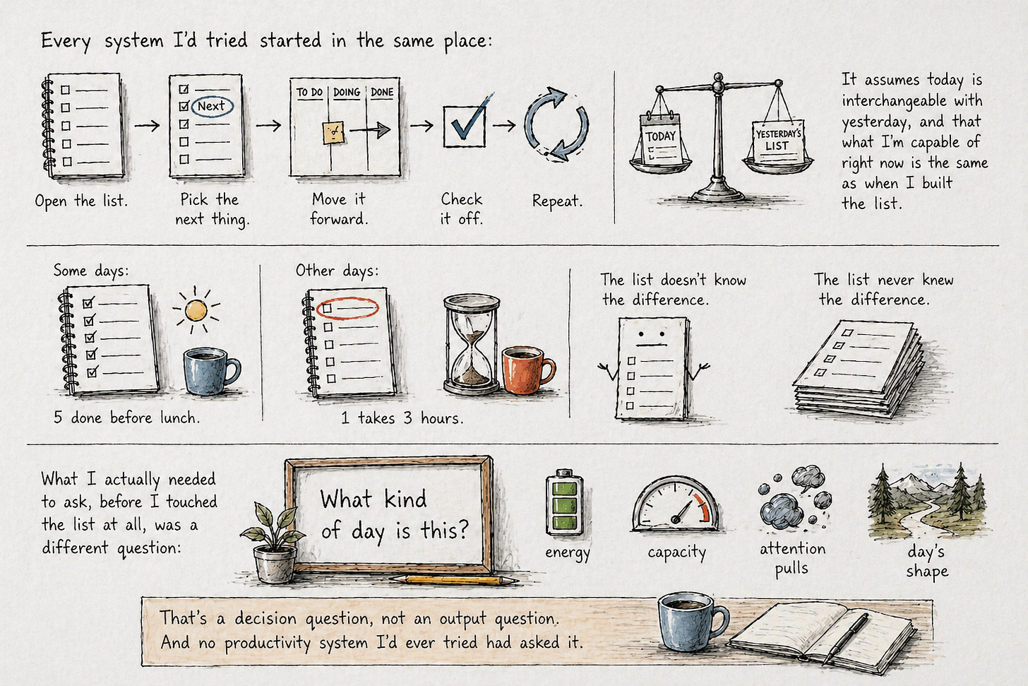 shifting from output question (what to get done today) to decision question (what kind of day is this)