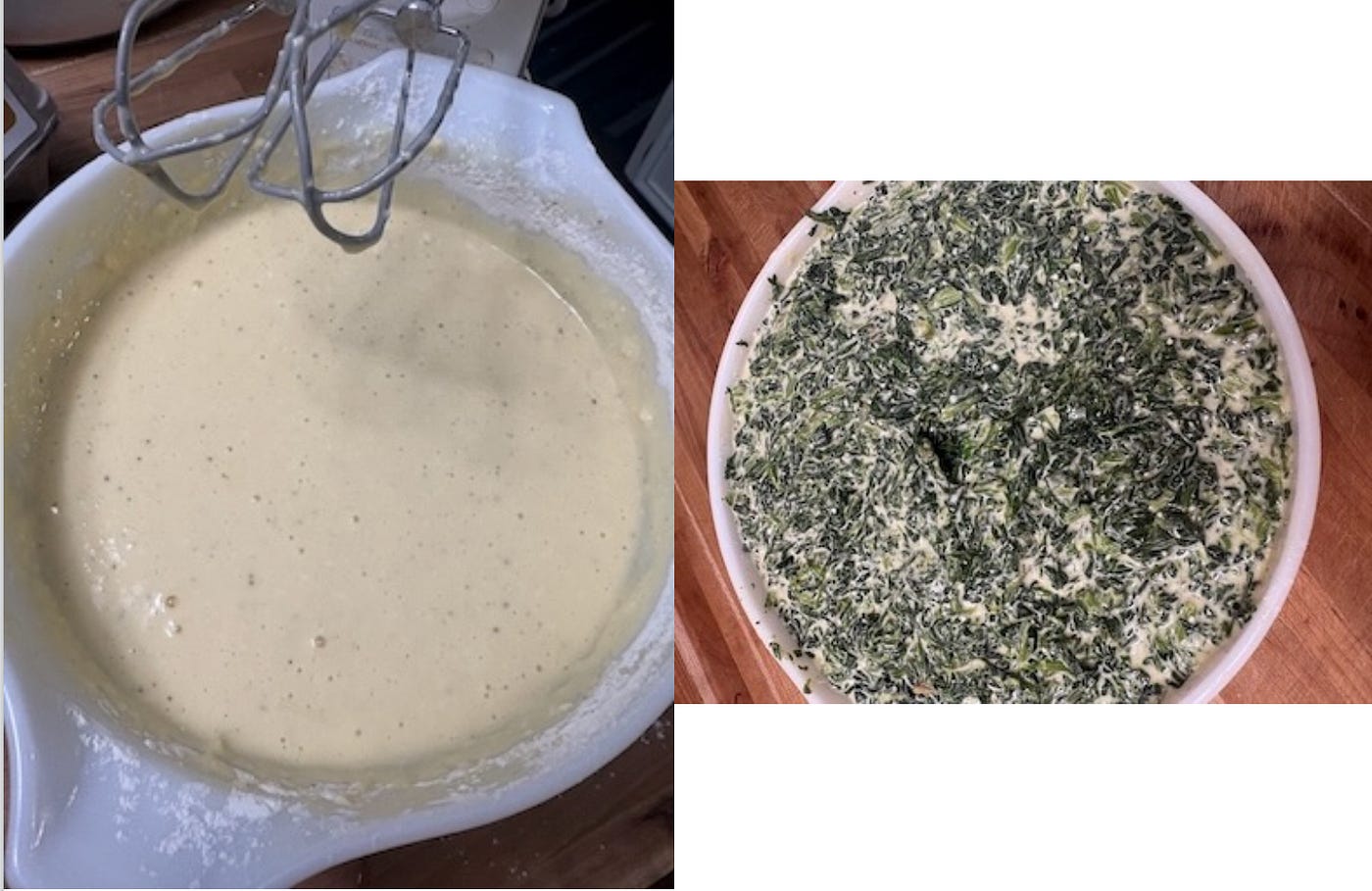 Left: the batter before adding spinach. Right: the batter with the spinach.