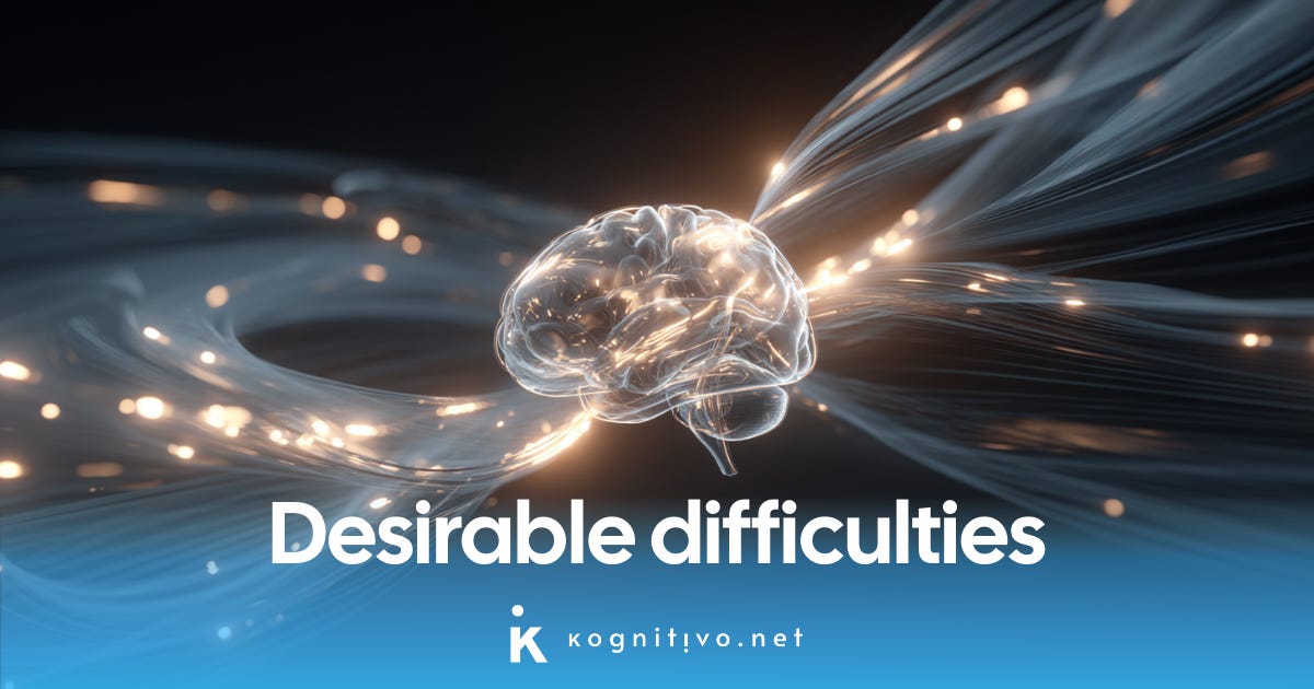 Article banner depicting a brain making effort against a banner saying "desirable difficulties".