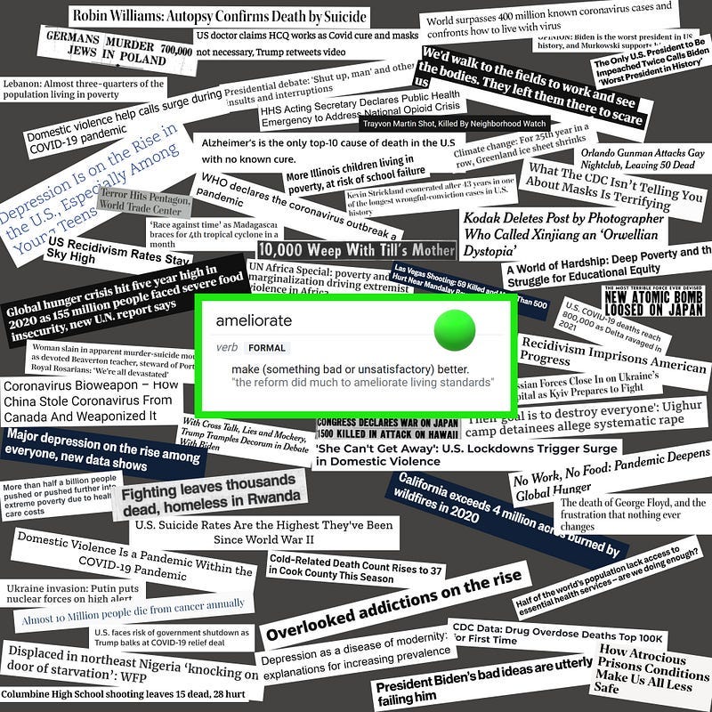 The definition of ameliorate, “make (something bad or unsatisfactory) better,” sits next to a green sphere and within a green border. Behind it is a collage of headlines that represent societal problems. Examples: “Fighting leaves thousands dead, homeless in Rwanda,” “California exceeds 4 million acres burned by wildfires in 2020,” “Recidivism Imprisons American Progress,” and “The death of George Floyd, and the frustration that nothing ever changes.”