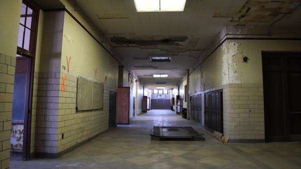Abandoned and destroyed school hallway - Stock Video Footage - Dissolve
