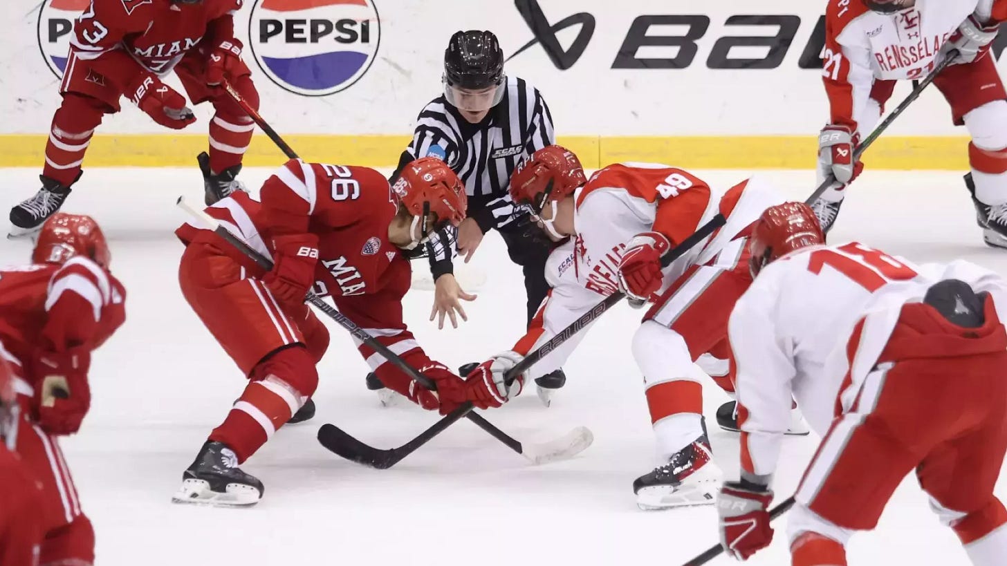 Filip Sitar of RPI Men's Hockey in action versus Miami University on Friday October 10 2025 in Troy, New York.