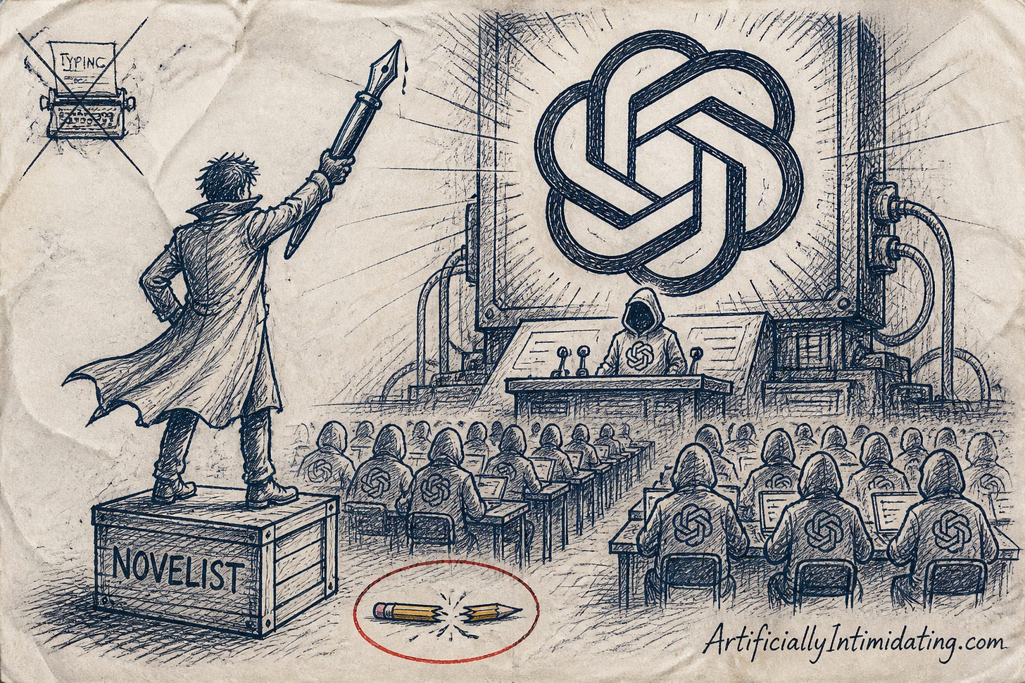 A novelist on a soapbox raises a giant fountain pen, addressing rows of hooded tech workers beneath a glowing AI company logo A novelist on a soapbox raises a giant fountain pen, addressing rows of hooded tech workers beneath a glowing AI company logo