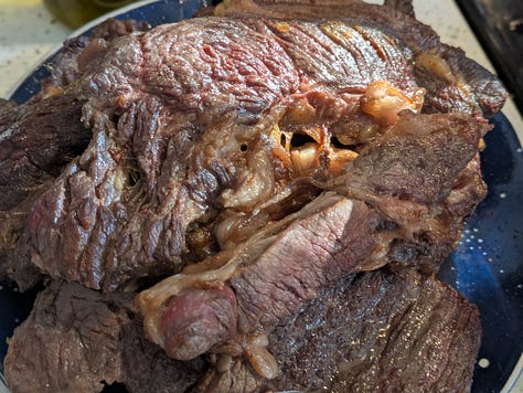 Browned meats. Carrots and celery softening.