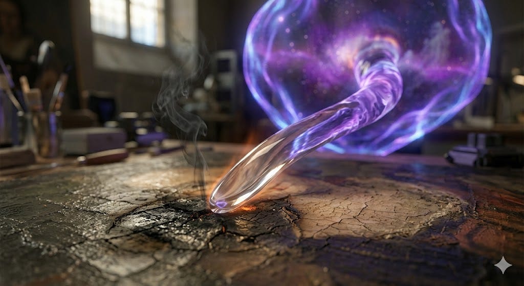 Tullius's glass tendril burns a spot on an ancient painting as xe tried to repair it. 