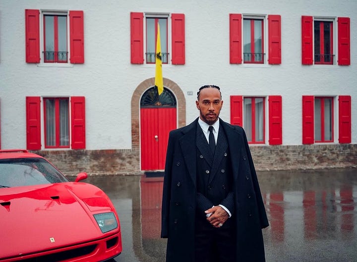 Left: photo of charles leclerc in ad for whiskey. Right: Lewis Hamilton posing in front of Enzo Ferrari's house. Both are dressed in business attire and look polished