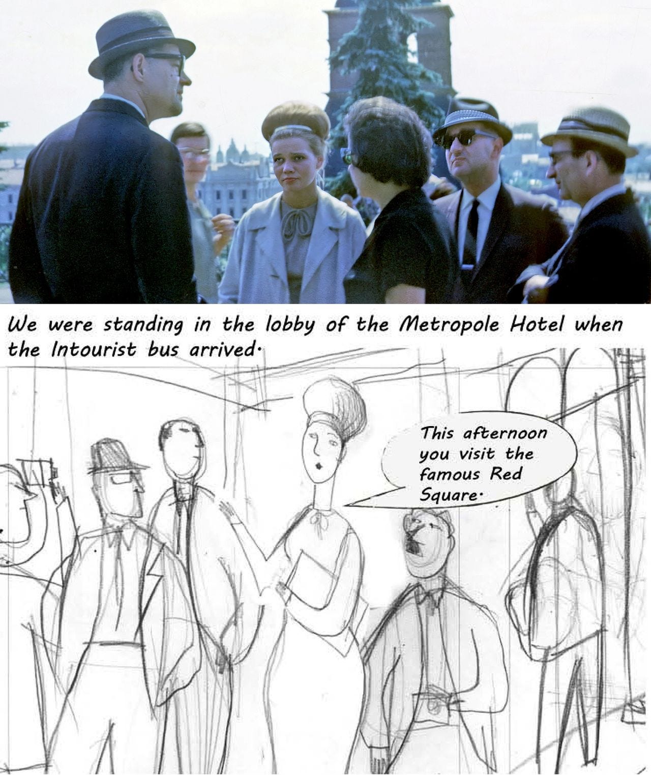 Photo references from the 1965 trip provided to Nayberg, shown alongside her initial sketches.