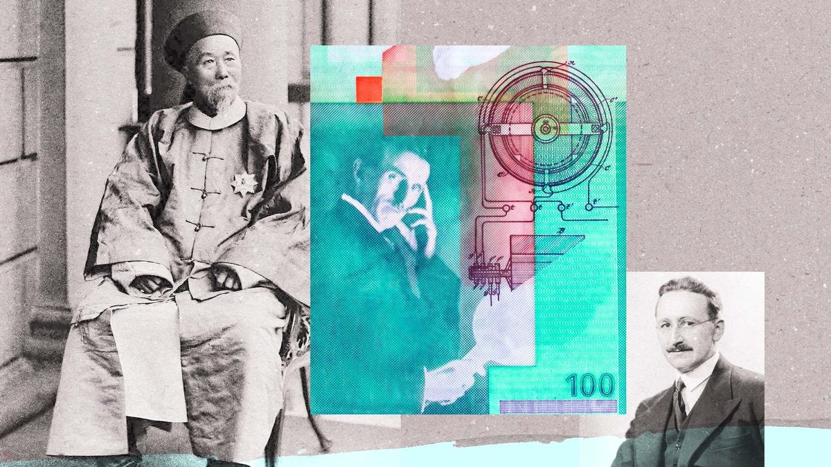 An illustration combines images of Li Hongzhang, Nikola Tesla, and Friedrich Hayek with a currency note and mechanical diagram, in muted tones of gray and blue-green.