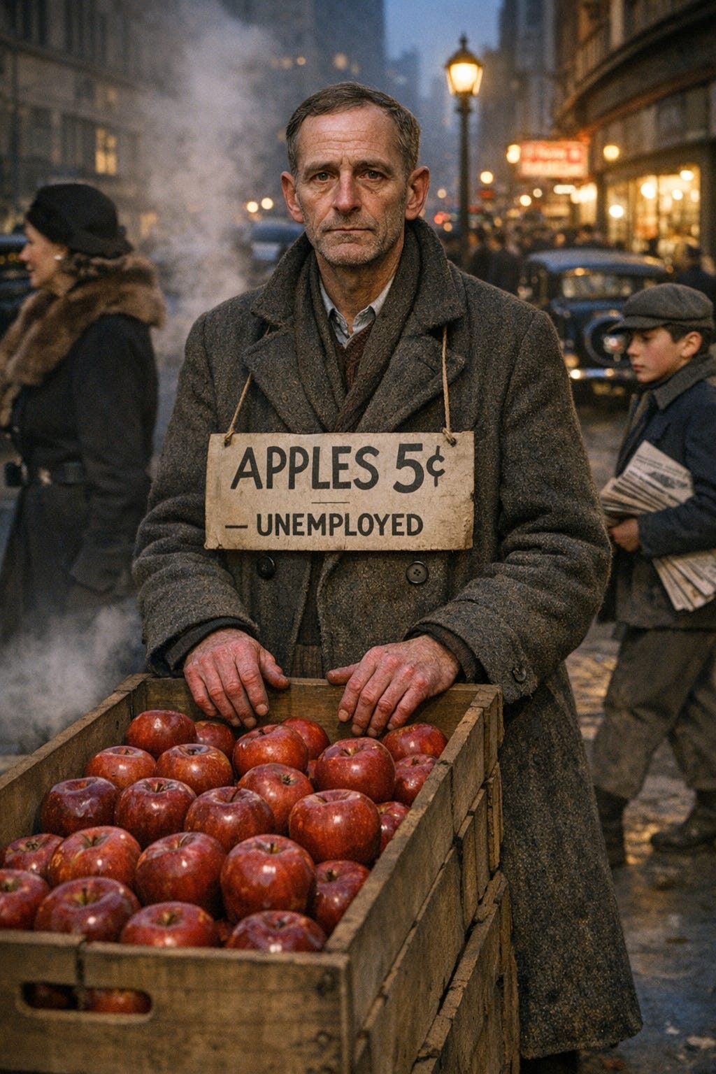Hyperrealistic color photograph of a Depressionera apple seller on a New York City street corner, Seventh Avenue, December 1935, early evening. A middleaged man wearing a formerly respectable but now threadbare wool overcoat with missing buttons clearly visible, a sign around his neck reading “APPLES 5¢ — UNEMPLOYED.” He stands behind a wooden crate of red apples. His bare hands are visibly chapped and raw from cold. His face shows the particular tragedy of fallen middleclass respectability—cleanshaven but gaunt, dignified posture despite circumstances, eyes holding suppressed shame. Background shows busy street scene: a welldressed woman in furs walking past without looking, a newsboy with stack of papers, illuminated shop windows, vintage automobiles. Early evening winter light, street lamps beginning to glow. Steam rising from a subway grate. Periodaccurate 1930s New York streetscape. Documentary photography style capturing profound dignity in poverty, sharp focus on human details, natural lighting..png