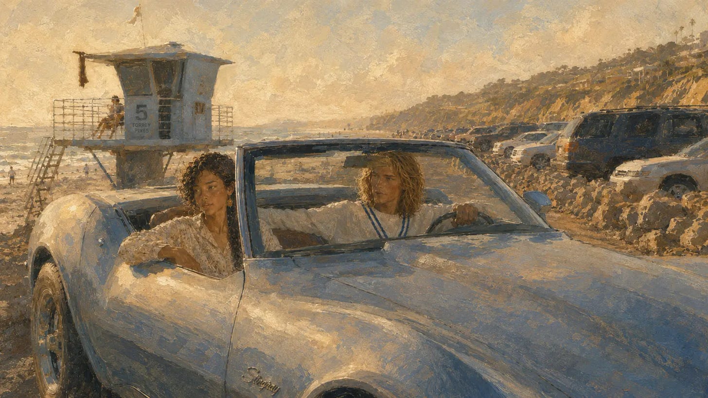 Latina girl sitting with White boy in a white convertible Corvette with the top down at Torrey Pines State Beach. Lifeguard Tower 5 stands near the shoreline behind them, with the ocean, beachgoers, parked cars, and sunlit cliffs in the distance. The sits in the passenger seat looking away, tense and withdrawn, while boy watches her from the driver’s seat. Latina girl sitting with White boy in a white convertible Corvette with the top down at Torrey Pines State Beach. Lifeguard Tower 5 stands near the shoreline behind them, with the ocean, beachgoers, parked cars, and sunlit cliffs in the distance. The sits in the passenger seat looking away, tense and withdrawn, while boy watches her from the driver’s seat.
