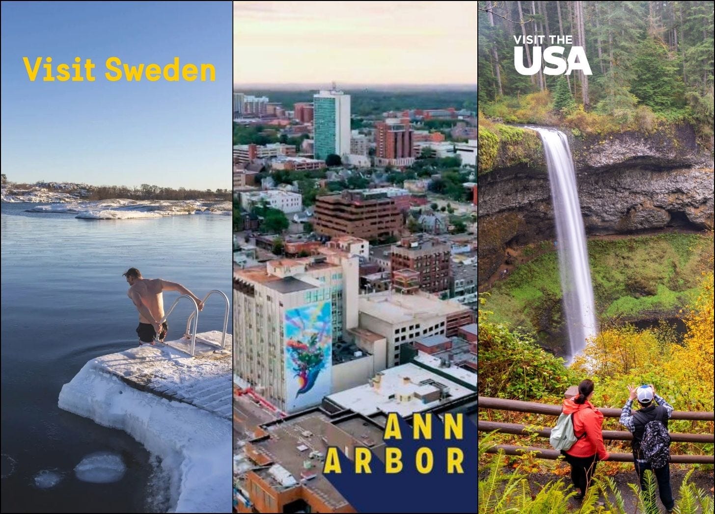 Side-by-side destination branding examples from Sweden, Ann Arbor, and the USA showing visual consistency in tourism marketing.