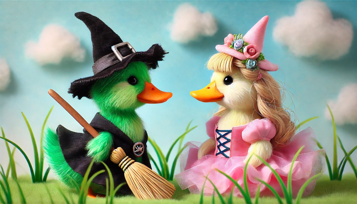 A colorful scene of two ducks facing each other. One duck has green feathers, is holding a broomstick, and is wearing a black pointy witch's hat. The other duck has blonde hair and is dressed in a pink poofy dress, resembling a fairytale princess. The two ducks stand on soft green grass with a clear blue sky and fluffy clouds in the background. The scene feels whimsical and humorous, contrasting their costumes and personalities as they face each other.