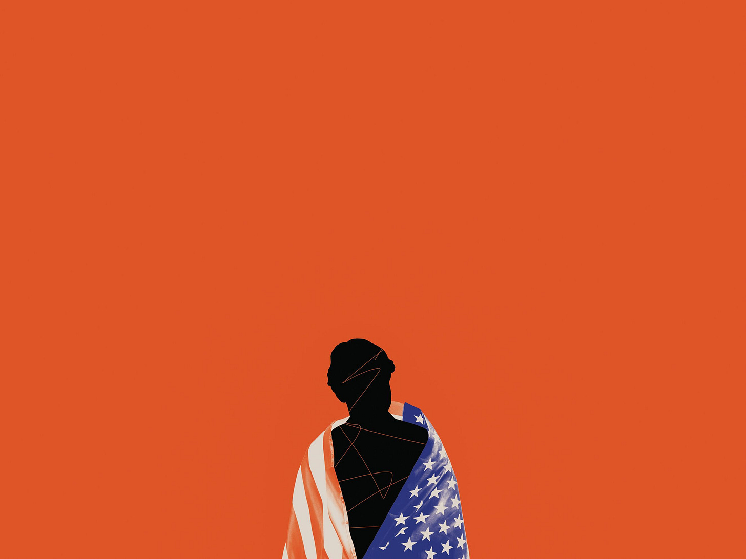 Silhouette of a person wrapped in an American flag.