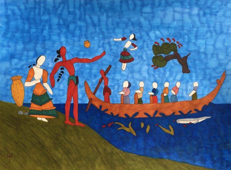 A modern painting of a scene from a Minoan seal ring, showing a woman and a man standing on shore on the left while a small boat full of people (one of them standing and holding a steering oar) comes in from the right. A small female figure hovers in the air next to a tree.