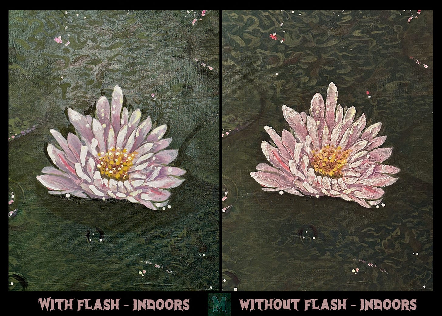 Two close-ups of the painted waterlily, one with flash and one without flash taken indoors Two close-ups of the painted waterlily, one with flash and one without flash taken indoors