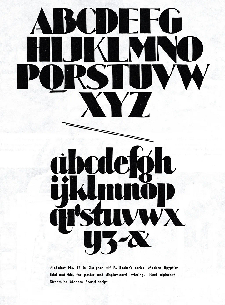 Scanned page from Signs of the Times — Alf R. Becker's Alphabet No. 37, a modern thick-and-thin uppercase and lowercase with strong stroke contrast, drawn for poster and display-card lettering.