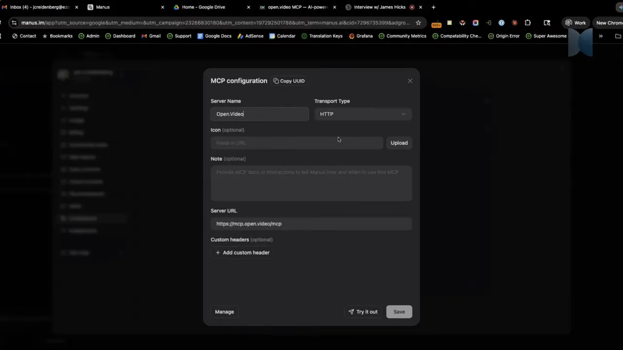 MCP configuration dialog in Manus for Open.Video using HTTP server URL https://mcp.open.video/mcp MCP configuration dialog in Manus for Open.Video using HTTP server URL https://mcp.open.video/mcp