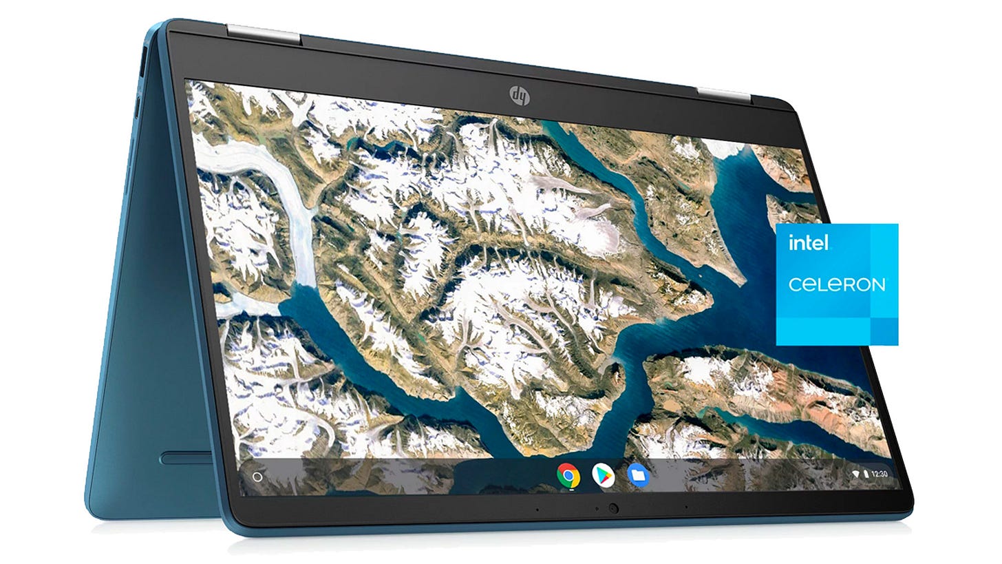 HP 14-inch chromebook in tent mode on a white background HP 14-inch chromebook in tent mode on a white background