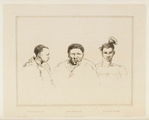 Samuel Daniell, Portrait of a KhoiKhoi, a San and Tswana men ('Hottentot, Bosjesman, Booshwana'), 1820.; Khoikhoi Fording a Stream, 1700; African Ox and Khoi Couple; 1700-1730; Khoi Women Dancing. Vijf danssende Hottentottinnen, 1700-1740; Khoi Women and Dutch Colonist., 1700-1740; Engraving of Khoikhoi figures and dwellings ~1700; Illustration or stylized image of San figures and cattle; uKhahlamba–Drakensberg "Rain-Bull Scene, 1000 BCE-40 CE