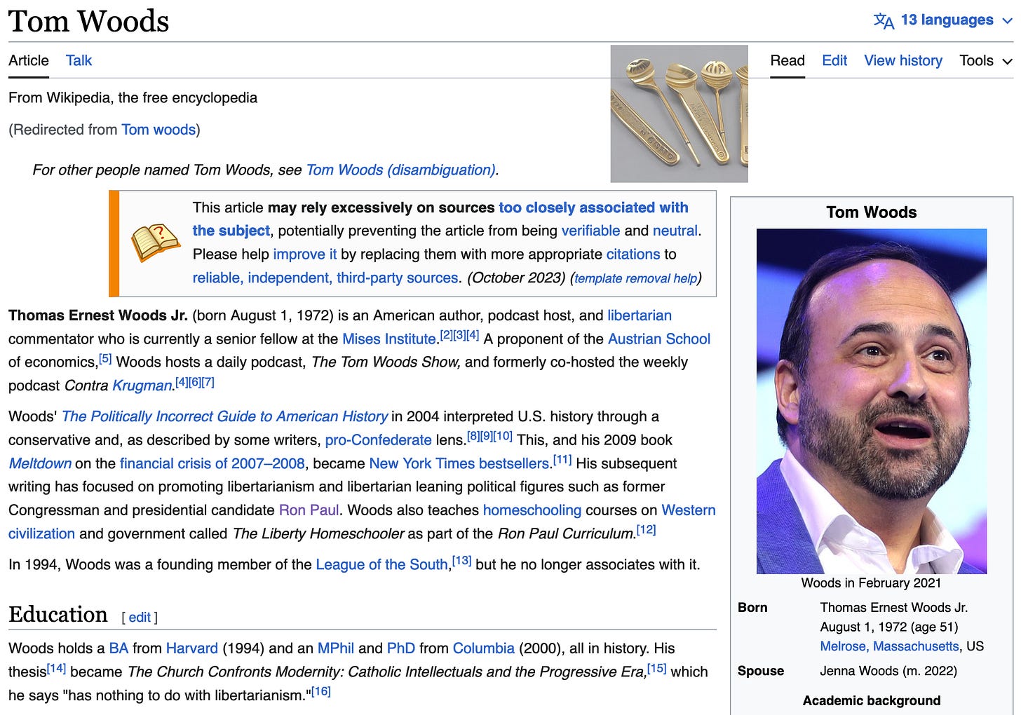 First screen of Wikipedia for Tom Woods on November 21, 2023