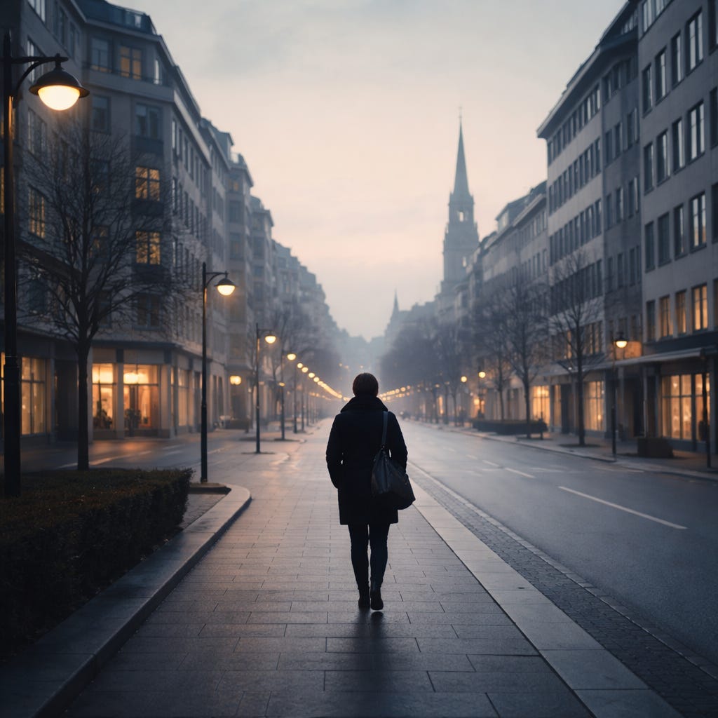 A solitary figure walking down a quiet Nordic city street at dusk, surrounded by orderly buildings and warm lit windows, conveying urban isolation despite prosperity.