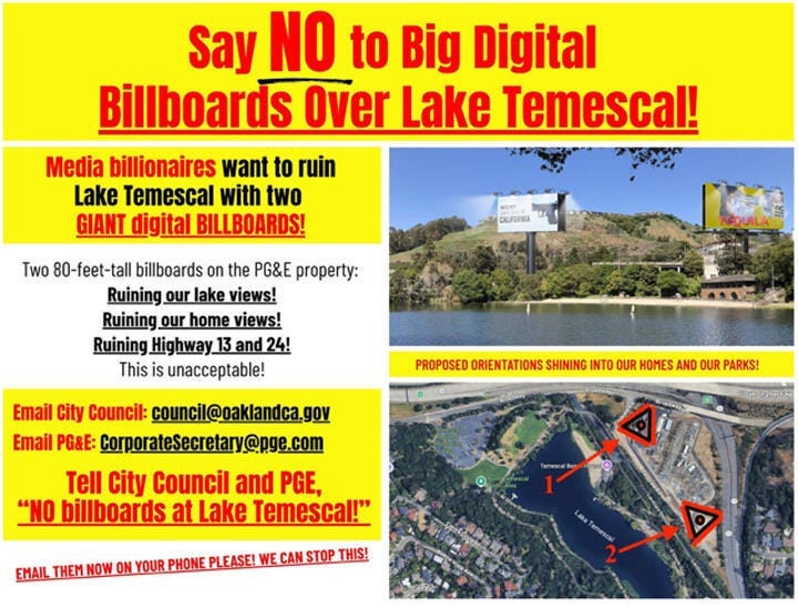 Fake image depicting large-scale digital billboards looming over and facing toward Lake Temescal. The billboards in the fake image display advertisements for guns and alcohol. A second fake image shows a satellite view with oversized red-and-black triangles indicating locations and orientations of the billboards. (Image source: Nextdoor)