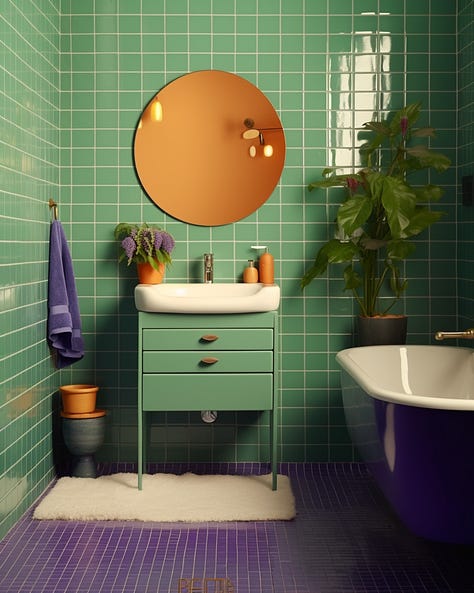 two bathrooms whose styles are blended to create a third