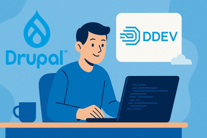 Illustration of a smiling developer sitting at a desk, working on a laptop with visible code. The Drupal and DDEV logos are prominently displayed in the background. The scene uses shades of blue and follows a cartoon-style aesthetic, with a simple workspace and a light, tech-focused atmosphere.
