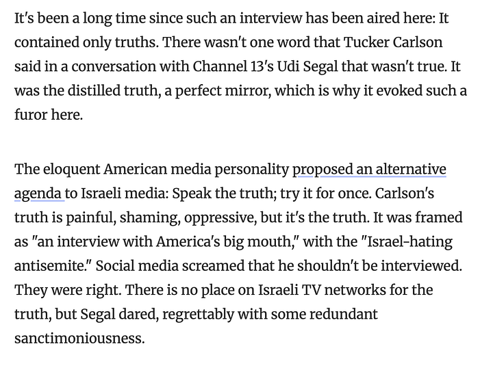 Israeli writer Gideon Levy said Tucker’s interview contained only truths
