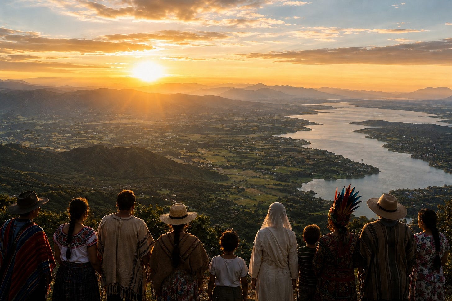 A group of people in traditional Indigenous clothing from across the Americas stand together with their backs to the camera, overlooking a vast valley with a river and mountains at sunrise. AI Generated Image.