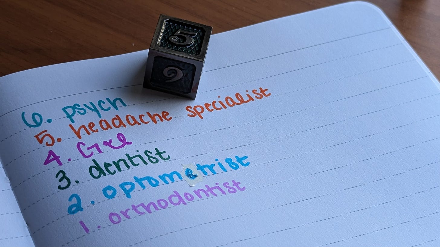 White lined notebook with a descending order to-do list of medical providers to call, accompanied by a six-sided die White lined notebook with a descending order to-do list of medical providers to call, accompanied by a six-sided die