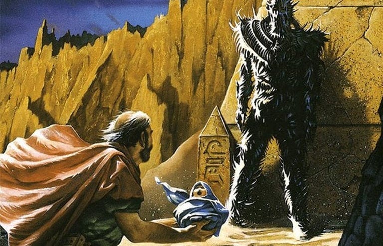 A man in a cape approaches a dark, spiky figure near stone ruins in a rocky desert, his infant daughter in his proffered hands. A man in a cape approaches a dark, spiky figure near stone ruins in a rocky desert, his infant daughter in his proffered hands.