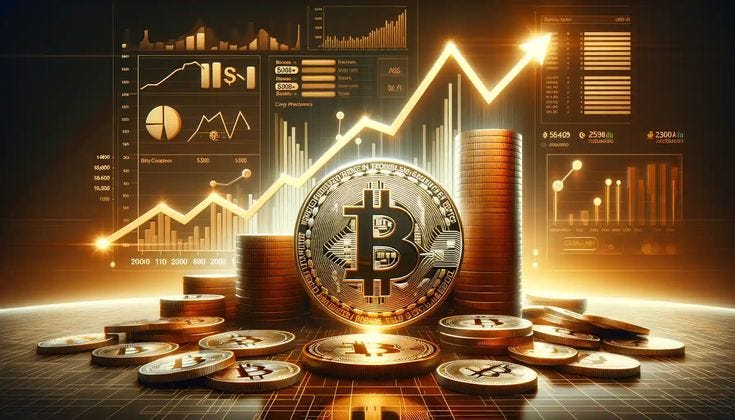 This may contain: bitcoin surrounded by stacks of gold coins and rising bar graph in the background