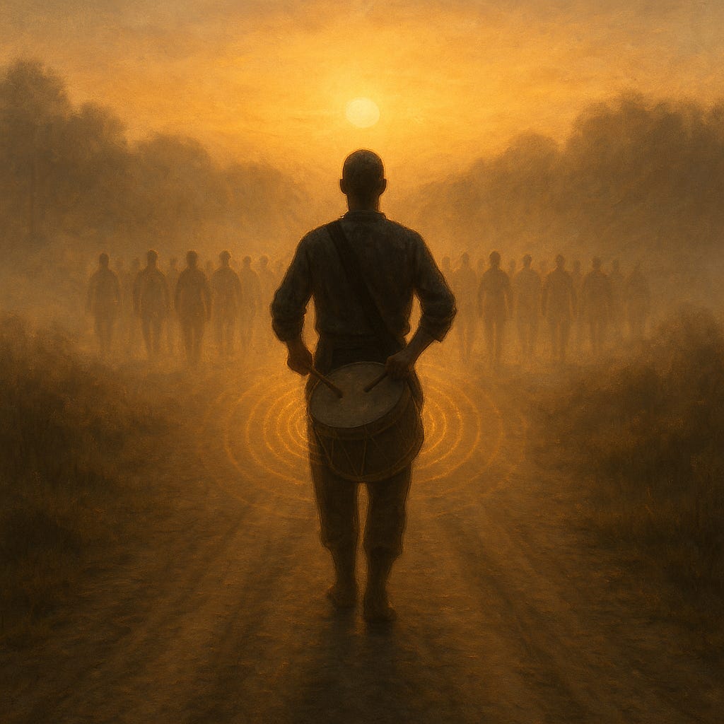 A lone drummer stands on a dirt road at sunrise, beating a steady rhythm as mist rises and distant figures march in sync, symbolizing unity, courage, and transformation through rhythm.