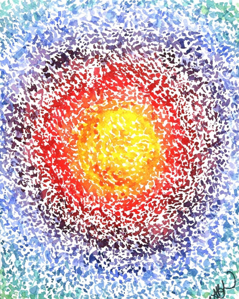 May include: Abstract watercolor painting with a circular pattern of blue, green, red, orange, and yellow colors. The colors are arranged in a gradient from the center of the circle outwards. The painting is created with a splatter technique, giving it a textured look.