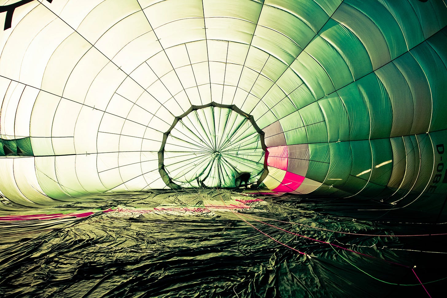 the inside of an uninflated hot air balloon the inside of an uninflated hot air balloon