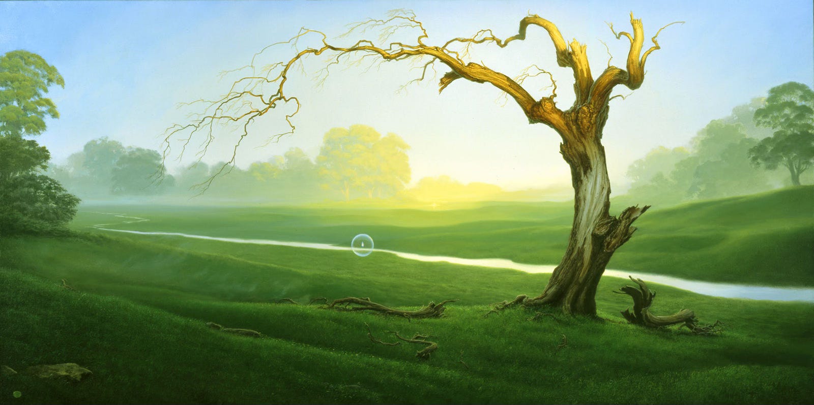 In a grassy field stands a leafless tree with limbs bowing gracefully left. Bathed in golden light, bare branches twist and spread like blood vessels against pale sky. Shadow falls across a trunk mostly stripped of bark, and several splintered limbs lie lifeless on the nearby ground. Extending in a line from this gnarly detritus, mist rises off well-manicured lawn as if the ground itself is exhaling. A transparent sphere containing a single flame floats low across the land while a small stream meanders, falling directly behind the sphere as if guiding it along an intended path. Barely visible in a lemony wash that defines soft rolling hills, a white starburst—possibly another sphere blinking out—sits far afield, tinting the bushy topped trees that line the background distance. In a grassy field stands a leafless tree with limbs bowing gracefully left. Bathed in golden light, bare branches twist and spread like blood vessels against pale sky. Shadow falls across a trunk mostly stripped of bark, and several splintered limbs lie lifeless on the nearby ground. Extending in a line from this gnarly detritus, mist rises off well-manicured lawn as if the ground itself is exhaling. A transparent sphere containing a single flame floats low across the land while a small stream meanders, falling directly behind the sphere as if guiding it along an intended path. Barely visible in a lemony wash that defines soft rolling hills, a white starburst—possibly another sphere blinking out—sits far afield, tinting the bushy topped trees that line the background distance.