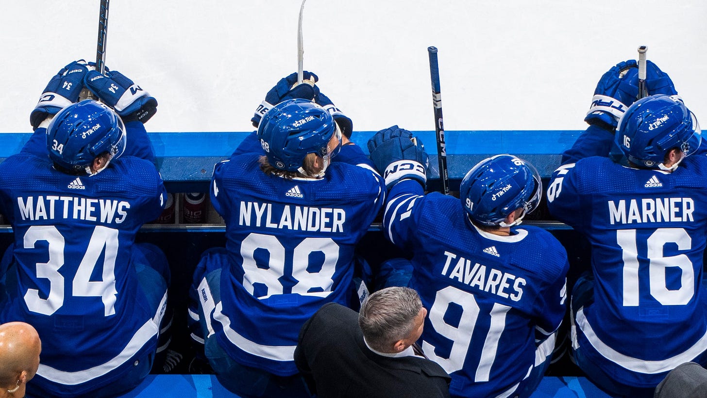From left-to-right, the Maple Leafs “Core Four”: Auston Matthews, William Nylander, John Tavares and Mitch Marner (Photo: Mark Blinch/NHL-Getty Images). From left-to-right, the Maple Leafs “Core Four”: Auston Matthews, William Nylander, John Tavares and Mitch Marner (Photo: Mark Blinch/NHL-Getty Images).