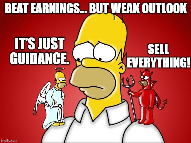 Meme of investor overreaction featuring cartoon character torn between an angel and devil, captioned ‘Beat earnings but weak outlook — It’s just guidance vs. Sell everything,’ illustrating market all-or-nothing thinking Meme of investor overreaction featuring cartoon character torn between an angel and devil, captioned ‘Beat earnings but weak outlook — It’s just guidance vs. Sell everything,’ illustrating market all-or-nothing thinking