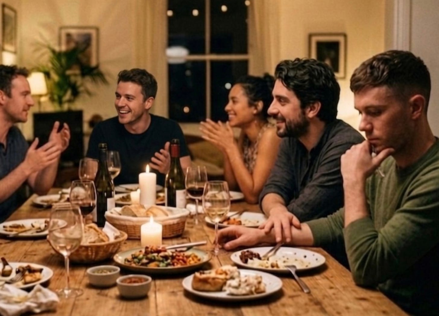 Adults at a candlelit dinner table; four laugh and chat while one gay man sits quietly, looking down and apart from the group.