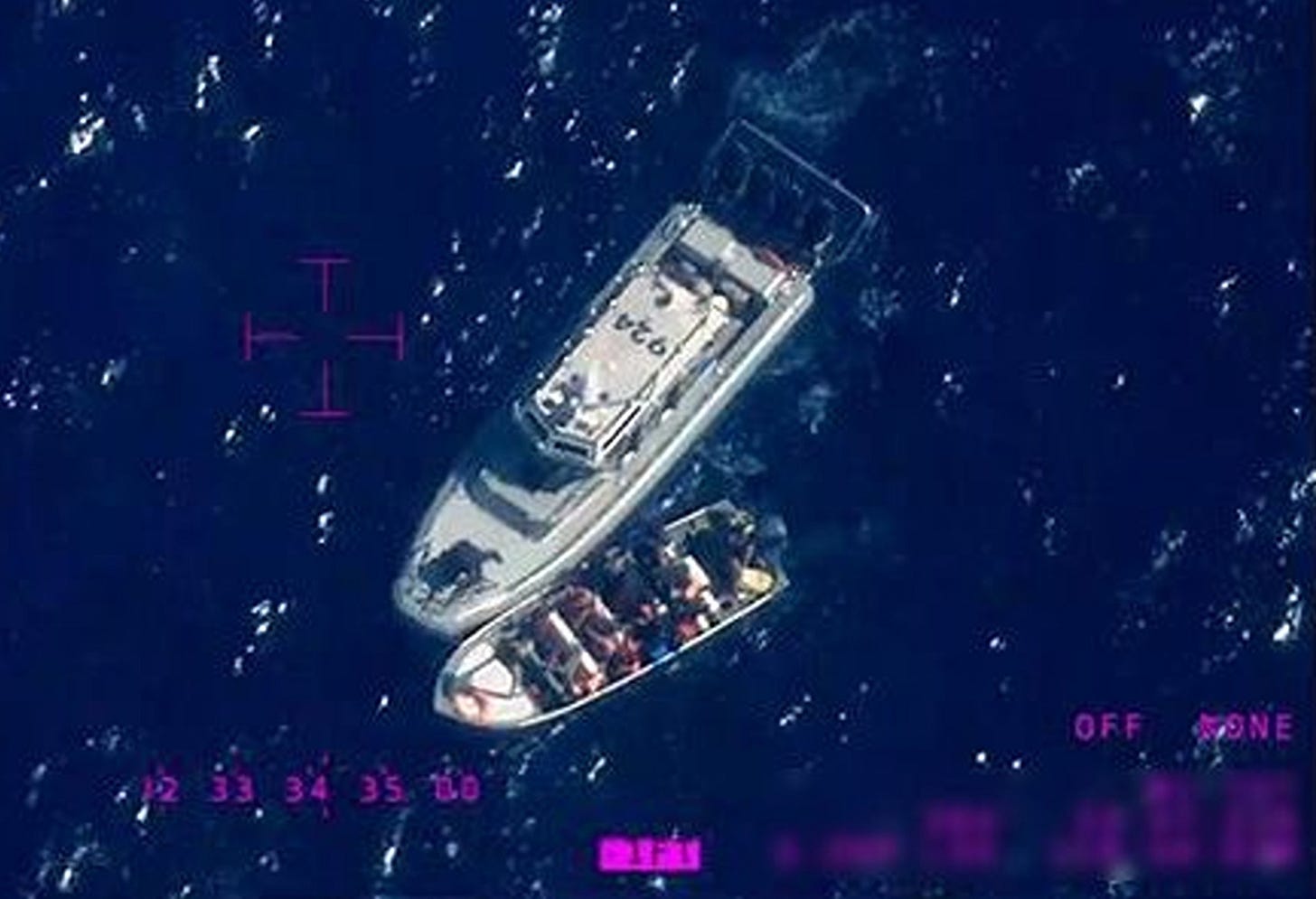 A US Customs & Border Protection boat intercepts 21 migrants aboard a Mexican “panga” boat attempting a cartel human smuggling run off San Clemente Island, California, on July 29, 2026. (US Customs & Border Protection photo)